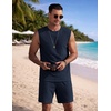image:imageCOOFANDY Mens 2 Piece Outfits Beach Knit Jacquard Sleeveless Shirt and Shorts Sets Summer Athletic Vacation SetNavy Blue