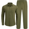 image:imageCOOFANDY Mens 2 Piece Outfits Long Sleeve Button Down Cuban Shirt and Pants Set Summer Beach SetsArmy Green