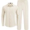 image:imageCOOFANDY Mens 2 Piece Outfits Long Sleeve Button Down Cuban Shirt and Pants Set Summer Beach SetsBeige