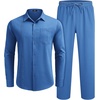 image:imageCOOFANDY Mens 2 Piece Outfits Long Sleeve Button Down Cuban Shirt and Pants Set Summer Beach SetsBlue
