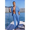 image:imageCOOFANDY Mens 2 Piece Outfits Long Sleeve Button Down Cuban Shirt and Pants Set Summer Beach SetsBlue