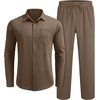 image:imageCOOFANDY Mens 2 Piece Outfits Long Sleeve Button Down Cuban Shirt and Pants Set Summer Beach SetsBrown