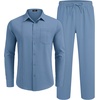 image:imageCOOFANDY Mens 2 Piece Outfits Long Sleeve Button Down Cuban Shirt and Pants Set Summer Beach SetsDenim Blue