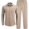 image:imageCOOFANDY Mens 2 Piece Outfits Long Sleeve Button Down Cuban Shirt and Pants Set Summer Beach SetsKhaki