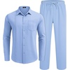 image:imageCOOFANDY Mens 2 Piece Outfits Long Sleeve Button Down Cuban Shirt and Pants Set Summer Beach SetsLight Blue
