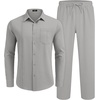 image:imageCOOFANDY Mens 2 Piece Outfits Long Sleeve Button Down Cuban Shirt and Pants Set Summer Beach SetsLight Grey