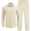 image:imageCOOFANDY Mens 2 Piece Outfits Long Sleeve Button Down Cuban Shirt and Pants Set Summer Beach SetsLight Khaki