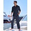 image:imageCOOFANDY Mens 2 Piece Outfits Long Sleeve Button Down Cuban Shirt and Pants Set Summer Beach SetsNavy Blue