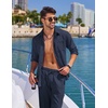 image:imageCOOFANDY Mens 2 Piece Outfits Long Sleeve Button Down Cuban Shirt and Pants Set Summer Beach SetsNavy Blue