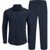 image:imageCOOFANDY Mens 2 Piece Outfits Long Sleeve Button Down Cuban Shirt and Pants Set Summer Beach SetsNavy Blue