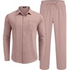 image:imageCOOFANDY Mens 2 Piece Outfits Long Sleeve Button Down Cuban Shirt and Pants Set Summer Beach SetsPink