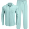 image:imageCOOFANDY Mens 2 Piece Outfits Long Sleeve Button Down Cuban Shirt and Pants Set Summer Beach SetsSky Blue