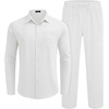image:imageCOOFANDY Mens 2 Piece Outfits Long Sleeve Button Down Cuban Shirt and Pants Set Summer Beach SetsWhite
