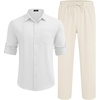 image:imageCOOFANDY Mens 2 Piece Outfits Long Sleeve Button Down Cuban Shirt and Pants Set Summer Beach SetsWhite ShirtBeige Pants