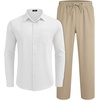 image:imageCOOFANDY Mens 2 Piece Outfits Long Sleeve Button Down Cuban Shirt and Pants Set Summer Beach SetsWhite ShirtKhaki Pants