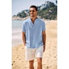 image:imageCOOFANDY Mens Casual Henley Shirt Band Collar Short Sleeve Shirt Summer Beach Hippie TShirtWhite Stripes on Blue