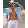 image:imageCOOFANDY Mens Casual Summer Beach Shirt Short Sleeve Button Down Shirt Vacation Wedding Shirt Linen Textured ShirtsLight Blue