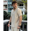 image:imageCOOFANDY Mens Cotton Linen Henley Shirt Short Sleeve Hippie Casual Beach TShirts with PocketLight Khaki