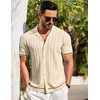 image:imageCOOFANDY Mens Short Sleeve Knit Shirt Casual Button Down Shirt Vintage Striped Knitted Golf Beach TopsBeige