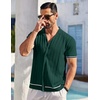 image:imageCOOFANDY Mens Short Sleeve Knit Shirt Casual Button Down Shirt Vintage Striped Knitted Golf Beach TopsLake Green