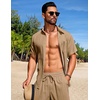 image:imageCOOFANDY Mens Summer Beach Outfits 2 Piece Short Sets Shirts and Shorts Vacation Texture Linen Sets for MenKhaki