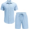 image:imageCOOFANDY Mens Summer Beach Outfits 2 Piece Short Sets Shirts and Shorts Vacation Texture Linen Sets for MenLight Blue