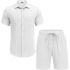 image:imageCOOFANDY Mens Summer Beach Outfits 2 Piece Short Sets Shirts and Shorts Vacation Texture Linen Sets for MenWhite