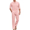 image:imageCOOFANDY Mens 2 Piece Cotton Sets Casual Long Sleeve Cuban Henley Shirt and Loose Pants Set Beach Vacation OutfitsPink