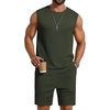 image:imageCOOFANDY Mens 2 Piece Outfits Beach Knit Jacquard Sleeveless Shirt and Shorts Sets Summer Athletic Vacation SetArmy Green