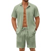 image:imageCOOFANDY Mens Summer Beach Outfits 2 Piece Short Sets Shirts and Shorts Vacation Texture Linen Sets for MenLight Green