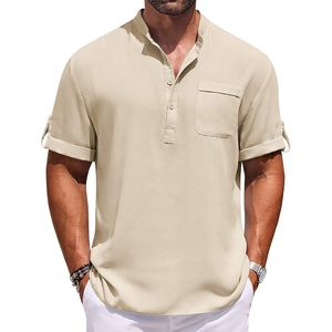 image:imageCOOFANDY Henley Shirts for Men Short Sleeve Band Collar Casual Shirt Summer Hippie Vacation Beach T Shirts with PocketChampagne