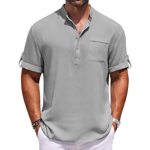 image:imageCOOFANDY Henley Shirts for Men Short Sleeve Band Collar Casual Shirt Summer Hippie Vacation Beach T Shirts with PocketLight Grey