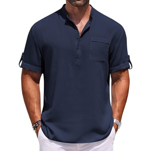image:imageCOOFANDY Henley Shirts for Men Short Sleeve Band Collar Casual Shirt Summer Hippie Vacation Beach T Shirts with PocketNavy Blue