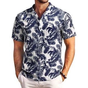 image:imageCOOFANDY Men Casual Henley Tee Shirt Short Sleeve Band Collar Summer Beach Textured TShirtBeige Black Leaves
