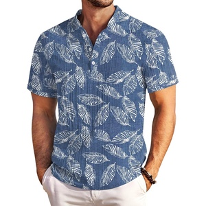 image:imageCOOFANDY Men Casual Henley Tee Shirt Short Sleeve Band Collar Summer Beach Textured TShirtBlue Palm Leaves