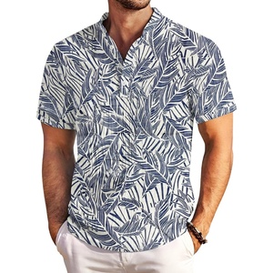 image:imageCOOFANDY Men Casual Henley Tee Shirt Short Sleeve Band Collar Summer Beach Textured TShirtDeep Blue Plam Leaf