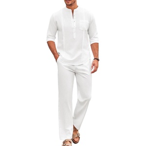 image:imageCOOFANDY Mens 2 Piece Cotton Sets Casual Long Sleeve Cuban Henley Shirt and Loose Pants Set Beach Vacation OutfitsAll White