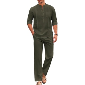 image:imageCOOFANDY Mens 2 Piece Cotton Sets Casual Long Sleeve Cuban Henley Shirt and Loose Pants Set Beach Vacation OutfitsArmy Green