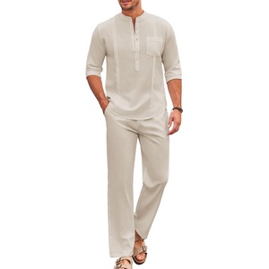 image:imageCOOFANDY Mens 2 Piece Cotton Sets Casual Long Sleeve Cuban Henley Shirt and Loose Pants Set Beach Vacation OutfitsBeige