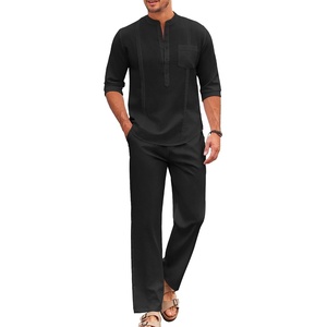 image:imageCOOFANDY Mens 2 Piece Cotton Sets Casual Long Sleeve Cuban Henley Shirt and Loose Pants Set Beach Vacation OutfitsBlack