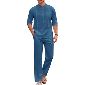 image:imageCOOFANDY Mens 2 Piece Cotton Sets Casual Long Sleeve Cuban Henley Shirt and Loose Pants Set Beach Vacation OutfitsDenim Blue