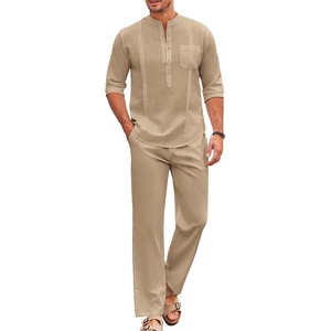 image:imageCOOFANDY Mens 2 Piece Cotton Sets Casual Long Sleeve Cuban Henley Shirt and Loose Pants Set Beach Vacation OutfitsKhaki