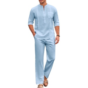 image:imageCOOFANDY Mens 2 Piece Cotton Sets Casual Long Sleeve Cuban Henley Shirt and Loose Pants Set Beach Vacation OutfitsLight Blue