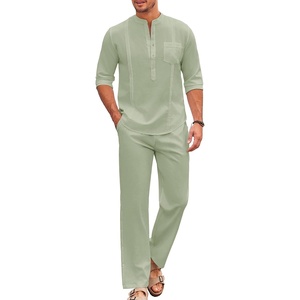 image:imageCOOFANDY Mens 2 Piece Cotton Sets Casual Long Sleeve Cuban Henley Shirt and Loose Pants Set Beach Vacation OutfitsLight Green