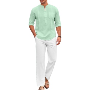 image:imageCOOFANDY Mens 2 Piece Cotton Sets Casual Long Sleeve Cuban Henley Shirt and Loose Pants Set Beach Vacation OutfitsLight Green Shirts White Pants