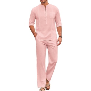image:imageCOOFANDY Mens 2 Piece Cotton Sets Casual Long Sleeve Cuban Henley Shirt and Loose Pants Set Beach Vacation OutfitsPink