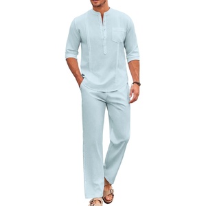 image:imageCOOFANDY Mens 2 Piece Cotton Sets Casual Long Sleeve Cuban Henley Shirt and Loose Pants Set Beach Vacation OutfitsSky Blue