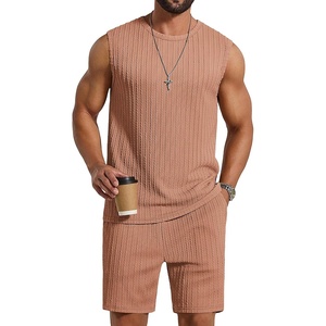 image:imageCOOFANDY Mens 2 Piece Outfits Beach Knit Jacquard Sleeveless Shirt and Shorts Sets Summer Athletic Vacation SetLight Khaki