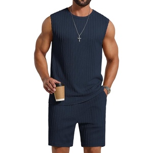 image:imageCOOFANDY Mens 2 Piece Outfits Beach Knit Jacquard Sleeveless Shirt and Shorts Sets Summer Athletic Vacation SetNavy Blue