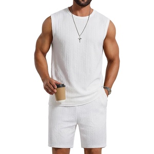 image:imageCOOFANDY Mens 2 Piece Outfits Beach Knit Jacquard Sleeveless Shirt and Shorts Sets Summer Athletic Vacation SetWhite